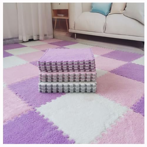 Weiche Plüschige Puzzle-Spielmatten,Ineinandergreifende Schaumstoff-Bodenmatten,Flauschige Plüschteppiche Für Schlafzimmer/Spielzimmer,10 Stück,12 X 12 Zoll(Color:Weiß + Lila + Rosa) von YMXBHN