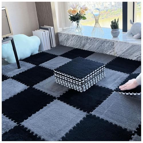 YMXBHN Plüsch-Schaumstoff-Puzzle-Bodenmatte,50 Stück 30X30 cm Ineinandergreifende Teppichfliesen,quadratische Schaumstoffmatte Spielmatte,Flauschige Fliesen Als Heimdekor(Color:Schwarz + Grau) von YMXBHN