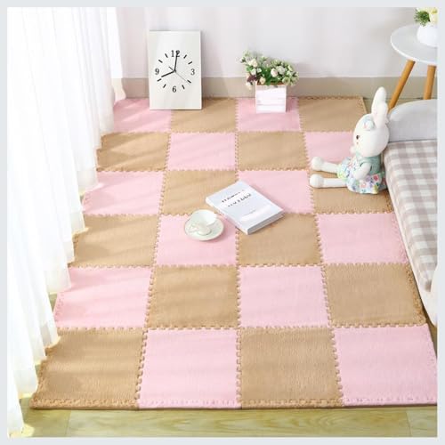 YMXBHN Plüschige Ineinandergreifende Schaumstoffmatten,16er-Packung 30X30 cm Quadratische Eva-Puzzle-Spielmatte,Flauschige Teppichefliesen,Bodenschutzmatte Für Zu Hause(Color:Hellbraun + Rosa) von YMXBHN