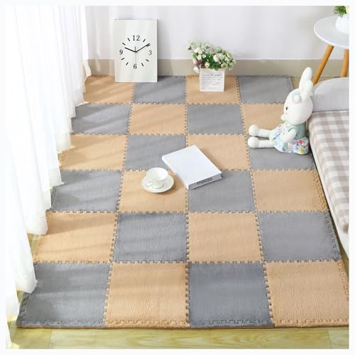 YMXBHN Plüschige Ineinandergreifende Teppichfliesen,50 Stück 30 cm Weiche Teppichquadrate,Puzzle-Bodenmatte,Eva-Schaumstoff-Bodenfliesen Für Schlafzimmer Und Spielzimmer(Color:Grau + Hellbraun) von YMXBHN