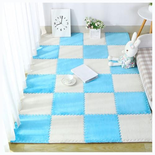 Plüschige Ineinandergreifende Teppichfliesen,50 Stück 30 cm Weiche Teppichquadrate,Puzzle-Bodenmatte,Eva-Schaumstoff-Bodenfliesen Für Schlafzimmer Und Spielzimmer(Color:Weiß + Blau) von YMXBHN