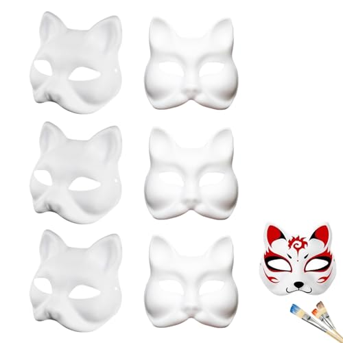 YNDJK 6 Stück Katzenmaske, Leere Fuchsmasken Maskerade Diy Farbe, Anime Handgezeichnete Graffiti Persönlichkeit, Für Halloween Rollenspiele Party Karneval Erstellung, Cosplay, DIY, Singles Partys von YNDJK