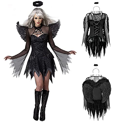 Damen Kostüm Halloween Faschingskostüme Gefallene Engel Dämon Hexe Vampire Zauberer Mage Fallen Angels Karneval Kostüm Gotik Punk Viktorian Mittelalter Große Minikleid für Cosplay 3-teilig Schwarz L von YNIEIAA