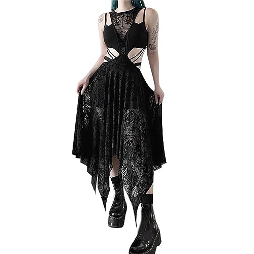YNIEIAA Damen Halloween Kleid Gothic Spitze Elegant Sexy Schwarzes Partykleid Mittelalter Kleidung Horror Vampir Hexe Cosplay Erwachsener Kostüme Karneval Kostüm für Frauen (Black, L) von YNIEIAA