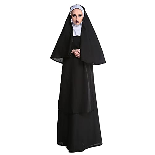 YNIEIAA Damen Kostüm Halloween Nonne Dämon Witch Vampir Jungfrau Maria Priester Arzt Bühnenkostüme Musselin Beerdigung Maxi Kleid Düstere Mittelalter Cosplay Kleidung 2 Stück Schwarz M von YNIEIAA