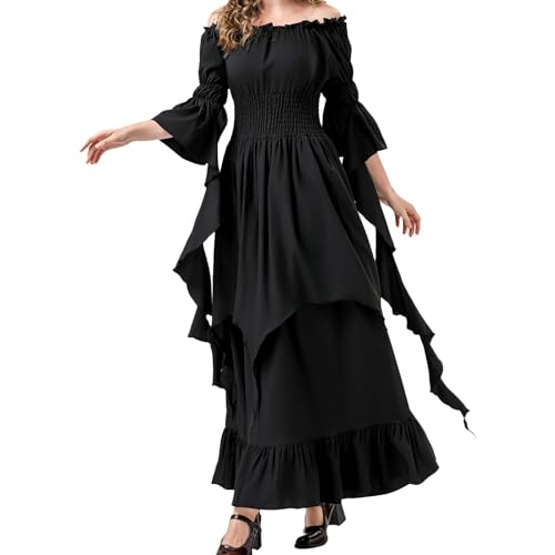 YNIEIAA Damen Mittelalter Kleid Gothic Viktorianisches Renaissance Vintage Kleidung Halloween Kostüm Vampir Königin Engel Hexe Goddess Kostüme für Karneval Fasching Cosplay Party (Black, XXL) von YNIEIAA