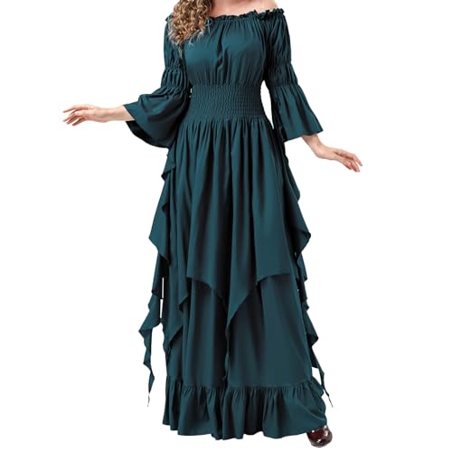 YNIEIAA Damen Mittelalter Kleid Gothic Viktorianisches Renaissance Vintage Kleidung Halloween Kostüm Vampir Königin Engel Hexe Goddess Kostüme für Karneval Fasching Cosplay Party (Blue, XXL) von YNIEIAA