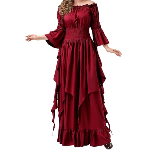YNIEIAA Damen Mittelalter Kleid Gothic Viktorianisches Renaissance Vintage Kleidung Halloween Kostüm Vampir Königin Engel Hexe Goddess Kostüme für Karneval Fasching Cosplay Party (Red, L) von YNIEIAA