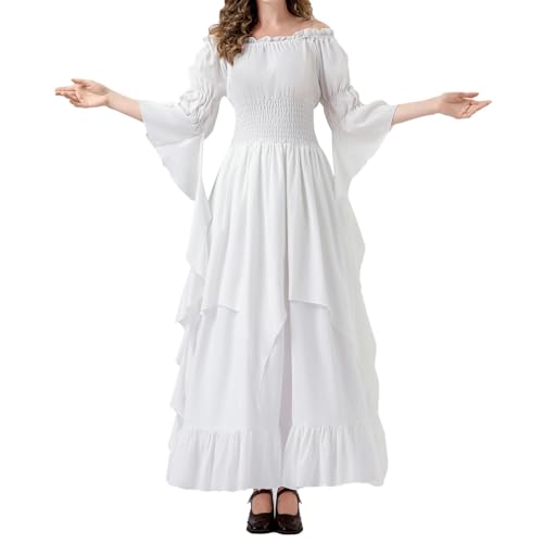 YNIEIAA Damen Mittelalter Kleid Gothic Viktorianisches Renaissance Vintage Kleidung Halloween Kostüm Vampir Königin Engel Hexe Goddess Kostüme für Karneval Fasching Cosplay Party (White, XXL) von YNIEIAA