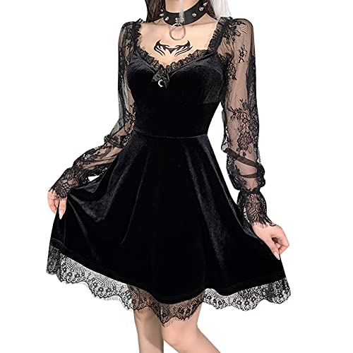 YNIEIAA Gothic Kleid Damen, Spitze Elegant Sexy Langarm Samt Schwarzes Partykleid Steampunk Swing Mini Cocktailkleid Vampire Hexe Teufel Dämon Kostüm Halloween Karneval Kostüme (Black, M) von YNIEIAA