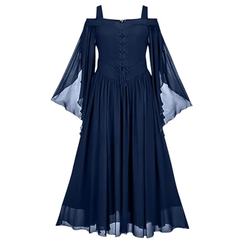 YNIEIAA Halloween Kleid Damen Gothic Kleidung Trompetenärmel Renaissance Mittelalter Sexy Punk Musselin Vintage Rockabilly Partykleid Fledermaus Vampir Hexe Cosplay Kostüm (Dark Blue, XL) von YNIEIAA