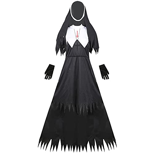 YNIEIAA Halloween Kostüm 4 STÜCK Nonnen Kostüm Nonne Outfit Gruselig Nonnen Kleidung Nonnen Kopfschmuck Kragen Handschuhe Nonne Kleid Fasching Karneval Kostüm für Frauen (Black, L) von YNIEIAA