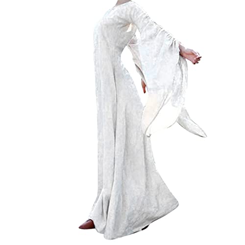 YNIEIAA Halloween Kostüm Damen, Mittelalter Gothic Kleidung Viktorianisches Renaissance Elegant Vintage Maxikleid Ballkleider Königin Dschinn Göttin Kostüme für Fasching Cosplay (#White, L) von YNIEIAA