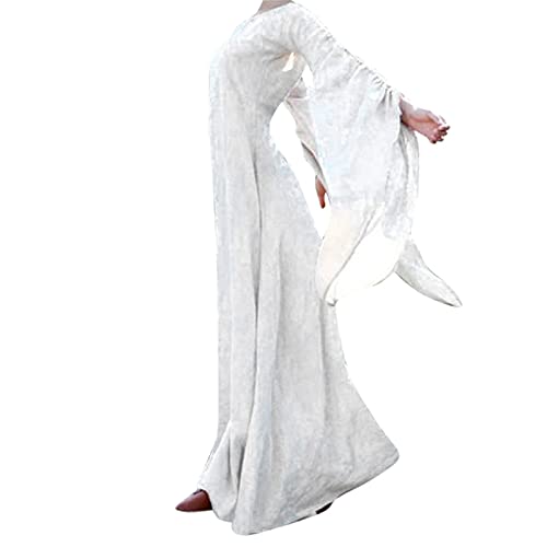 YNIEIAA Halloween Kostüm Damen, Mittelalter Gothic Kleidung Viktorianisches Renaissance Elegant Vintage Maxikleid Ballkleider Königin Dschinn Göttin Kostüme für Fasching Cosplay (#White, M) von YNIEIAA