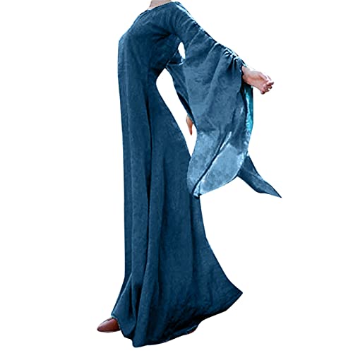 YNIEIAA Halloween Kostüm Damen, Mittelalter Gothic Kleidung Viktorianisches Renaissance Elegant Vintage Maxikleid Ballkleider Königin Dschinn Göttin Kostüme für Fasching Cosplay (Blue, L) von YNIEIAA