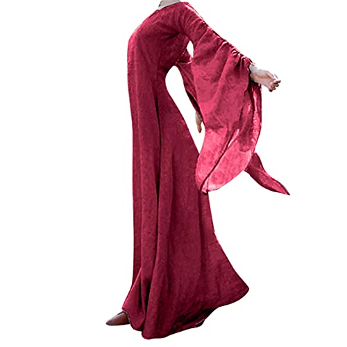 YNIEIAA Halloween Kostüm Damen, Mittelalter Gothic Kleidung Viktorianisches Renaissance Elegant Vintage Maxikleid Ballkleider Königin Dschinn Göttin Kostüme für Fasching Cosplay (Red, L) von YNIEIAA