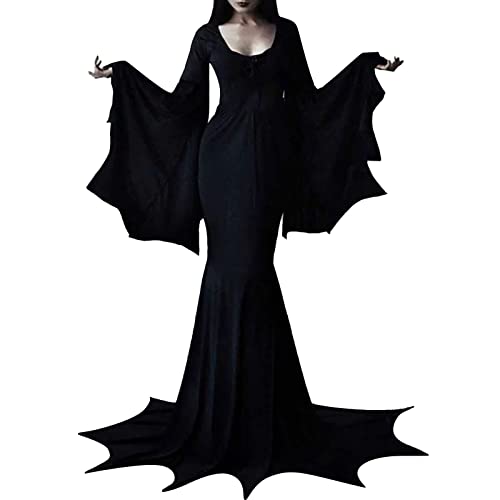 YNIEIAA Halloween Kostüm Damen, Mittelalter Gothic Kleidung Viktorianisches Renaissance Schwarz Maxikleid Horror Hexe Vampir Kostüme Fledermaus Klamotten für Karneval Party (Black, XXL) von YNIEIAA