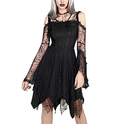 YNIEIAA Halloween Kostüm Damen, Spitze Düstere Gothic Schwarz Sexy Partykleid Elegant Steampunk A-Linie Retro Kurz Cocktailkleid Vampir Hexe Teufel Kostüme Cosplay Fasching Party (2-Black, S) von YNIEIAA