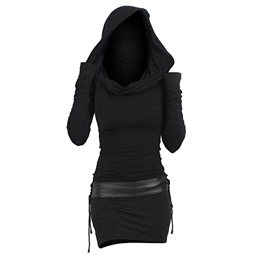 YNIEIAA Halloween Kostüm Damen Gothic Kleidung Mittelalter Kleid Umhang mit Kapuze Bodycon Ninja Meuchelmörder Vampir Hexe Frauen Kostüme für Karneval Fasching Party (#Black, M) von YNIEIAA