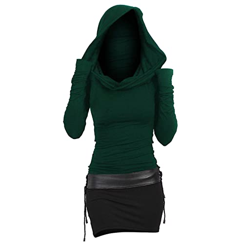 YNIEIAA Halloween Kostüm Damen Gothic Kleidung Mittelalter Kleid Umhang mit Kapuze Bodycon Ninja Meuchelmörder Vampir Hexe Frauen Kostüme für Karneval Fasching Party (Green, L) von YNIEIAA