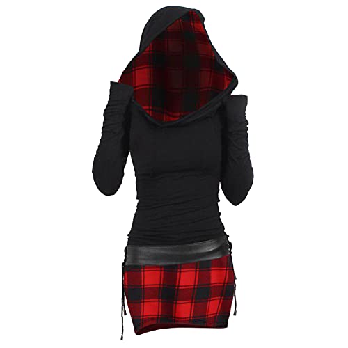 YNIEIAA Halloween Kostüm Damen Gothic Kleidung Mittelalter Kleid Umhang mit Kapuze Bodycon Ninja Meuchelmörder Vampir Hexe Frauen Kostüme für Karneval Fasching Party (Red, L) von YNIEIAA