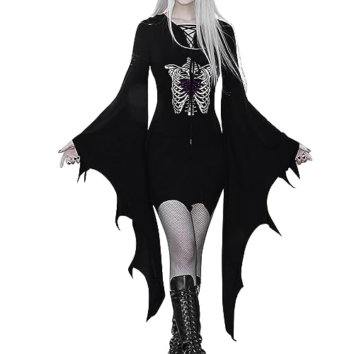 YNIEIAA Halloween Kostüm Damen Gothic Kleidung Trompetenärmel Mittelalter Punk Sexy Schwarz Langarm Totenkopf Kleid Bodycon Vampir Hexe Fledermaus Teufel Kostüme Maskerade Party (Purple, S) von YNIEIAA