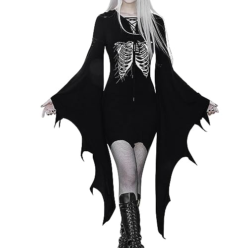 YNIEIAA Halloween Kostüm Damen Gothic Kleidung Trompetenärmel Mittelalter Punk Sexy Totenkopf Partykleid Wickelkleid Vampir Hexe Fledermaus Teufel Fasching Karneval Kostüme (Black, XL) von YNIEIAA