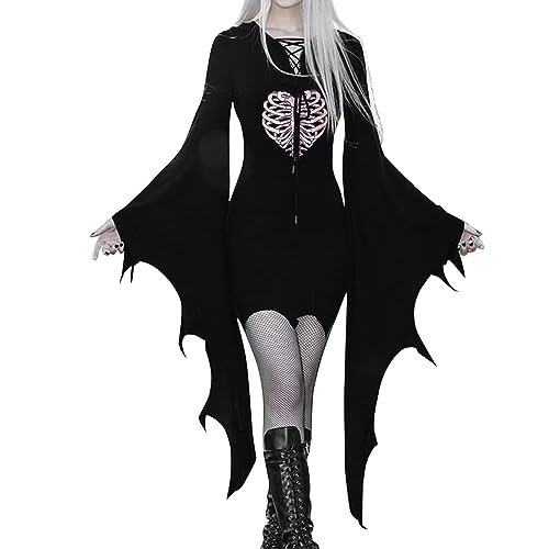 YNIEIAA Halloween Kostüm Damen Gothic Kleidung Trompetenärmel Mittelalter Punk Sexy Totenkopf Partykleid Wickelkleid Vampir Hexe Fledermaus Teufel Fasching Karneval Kostüme (Pink, L) von YNIEIAA