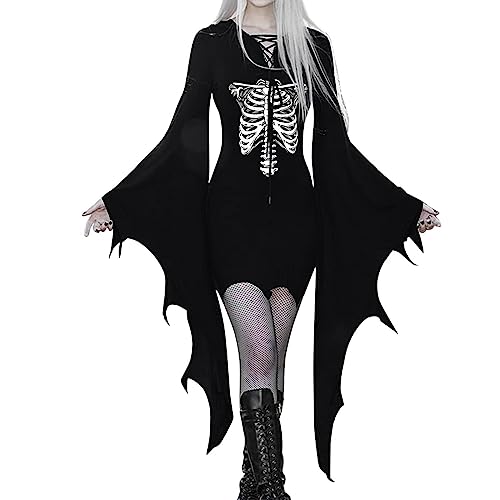 YNIEIAA Halloween Kostüm Damen Gothic Kleidung Trompetenärmel Mittelalter Vintage Sexy Totenkopf Kleid Bodycon Vampir Hexe Fledermaus Teufel Cosplay Kostüme Fasching Karneval Party (White, XXL) von YNIEIAA
