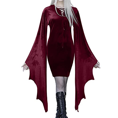 YNIEIAA Halloween Kostüm Damen Gothic Kleidung Trompetenärmel Samt Mittelalter V-Ausschnitte Eng Minikleid Bodycon Fledermaus Vampir Hexe Sexy Kostüme für Karneval Fasching Party (Wine, S) von YNIEIAA