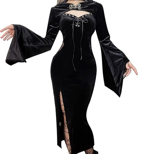 YNIEIAA Halloween Kostüm Damen Gothic Kleidung Trompetenärmel Samt Schlitz Elegant Sexy Lange Partykleid Bodycon Vampir Teufel Hexe Fledermaus Kostüm Zweiteiliger für Frauen (Black, S) von YNIEIAA