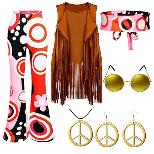 YNIEIAA Karneval Kostüm Damen, 70er Outfit, Hippie Kleidung, Disco Outfits, 80er Accessoires, Retro Hippie Kleid Damen Kostüm, Kostüme Set für Frauen (Z - Hippie - A-Hot Pink, S) von YNIEIAA