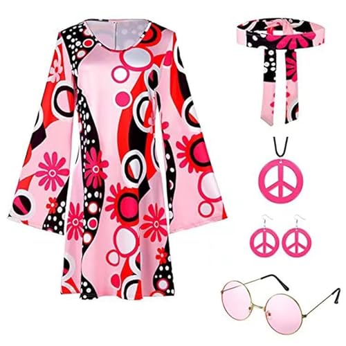 YNIEIAA Karneval Kostüm Damen, 70er Outfit Hippie Kleidung Disco Outfits 60er 80er Kostüme Accessoires Fransenweste Bad Taste Outfit Faschingskostüme Set für Thema Party (Z - Neon - A-Pink, S) von YNIEIAA