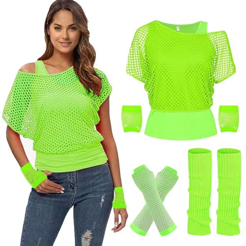 YNIEIAA Karneval Kostüm Damen, 80er Jahre Outfit, Neon Accessoires, Netzshirt, Tops, Netzhandschuhe, Beinwärmer, Handgelenkband, Fasching, Karnevalskostüme für Bad Taste Outfit Grün 3XL von YNIEIAA