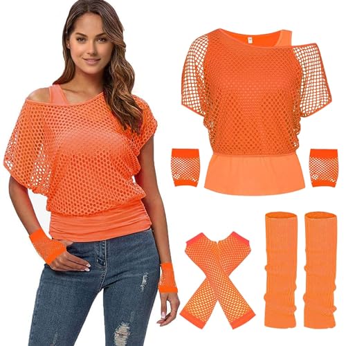 YNIEIAA Karneval Kostüm Damen, 80er Jahre Outfit, Neon Accessoires, Netzshirt, Tops, Netzhandschuhe, Beinwärmer, Handgelenkband, Fasching, Karnevalskostüme für Bad Taste Outfit Orange XL von YNIEIAA