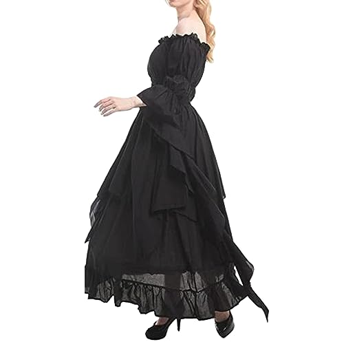 YNIEIAA Mittelalter Kleid Damen, Elegant Renaissance Kleidung Vintage Viktorianisches Palaststil Midi Abendkleider Goddess Königin Engel Dschinn Halloween Kostüm für Frauen (Black, L) von YNIEIAA