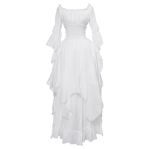 YNIEIAA Mittelalter Kleid Damen, Trompetenärmel Elegant Renaissance Kleidung Retro Viktorianisches Palaststil Midi Ballkleider Goddess Königin Engel Dschinn Halloween Frauen Kostüm (White, M) von YNIEIAA