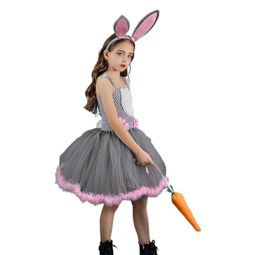 YNPQTDS Ärmelloses Netzkleid – ärmelloses Tüll-Mesh-Mädchenkleid mit Hasen-Stirnband – kleine Mädchen Prinzessin Cosplay Kleidung für Ostern, Versammlungen, Rollenspiele von YNPQTDS