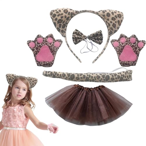 YNPQTDS Leopardenohren Stirnband für Kinder, 5X Katzenohren-Kostüm-Set für Halloween, mit Tutu-Klauen, Tiere, Cosplay-Set, Krawatte, Stirnband, Cosplay-Kostüm für Kinder von YNPQTDS