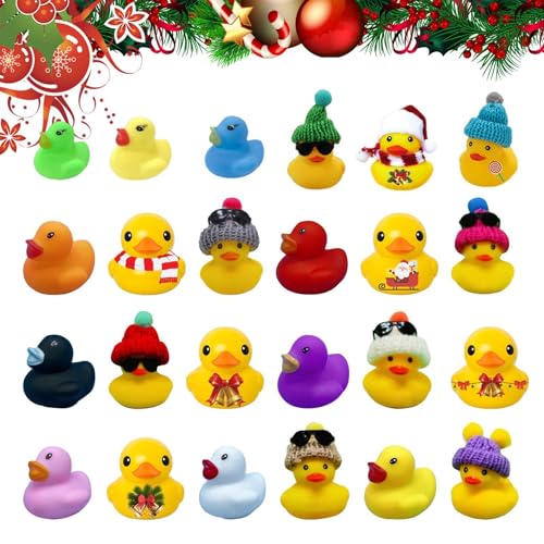 YNPQTDS Weihnachts Enten Adventskalender, Gummi Enten Adventskalender 2024, 24 Tage Countdown Kalender Enten Set, Adventskalender Kinder Quitsche Enten, 31x22.6x5cm von YNPQTDS