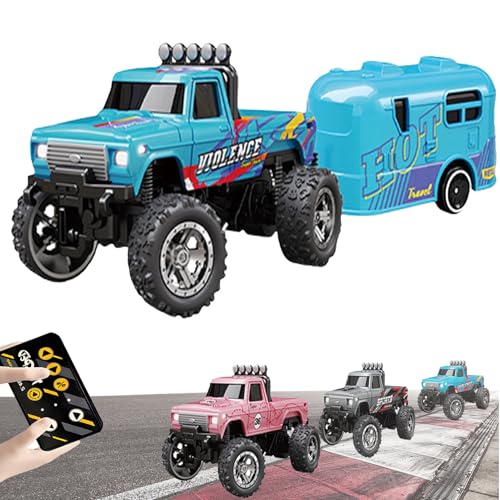 Mini Rc Monster Truck, Rc Semi Truck with Trailer, 1:64 Scale Monster Truck Remote Control Car with Lights, USB Rechargeable Mini Monster Trucks, Speed/Steering Adjustable (Blue+Trailer) von YODAOLI