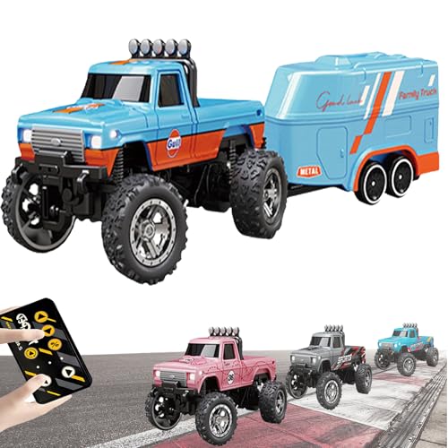 YODAOLI Mini Rc Monster Truck, Rc Semi Truck with Trailer, 1:64 Scale Monster Truck Remote Control Car with Lights, USB Rechargeable Mini Monster Trucks, Speed/Steering Adjustable (Blue-a+Trailer) von YODAOLI