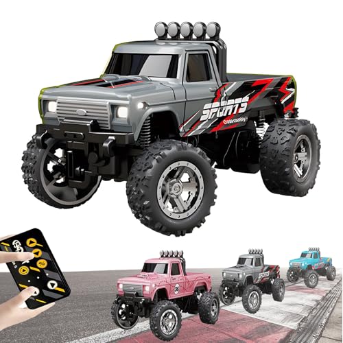 YODAOLI Mini Rc Monster Truck, Rc Semi Truck with Trailer, 1:64 Scale Monster Truck Remote Control Car with Lights, USB Rechargeable Mini Monster Trucks, Speed/Steering Adjustable (Gray) von YODAOLI