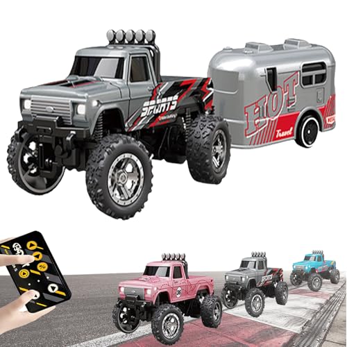 YODAOLI Mini Rc Monster Truck, Rc Semi Truck with Trailer, 1:64 Scale Monster Truck Remote Control Car with Lights, USB Rechargeable Mini Monster Trucks, Speed/Steering Adjustable (Gray+Trailer) von YODAOLI