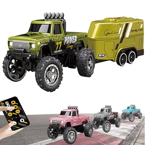 YODAOLI Mini Rc Monster Truck, Rc Semi Truck with Trailer, 1:64 Scale Monster Truck Remote Control Car with Lights, USB Rechargeable Mini Monster Trucks, Speed/Steering Adjustable (Green+Trailer) von YODAOLI