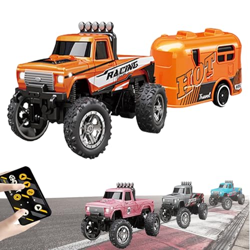 YODAOLI Mini Rc Monster Truck, Rc Semi Truck with Trailer, 1:64 Scale Monster Truck Remote Control Car with Lights, USB Rechargeable Mini Monster Trucks, Speed/Steering Adjustable (Orange+Trailer) von YODAOLI