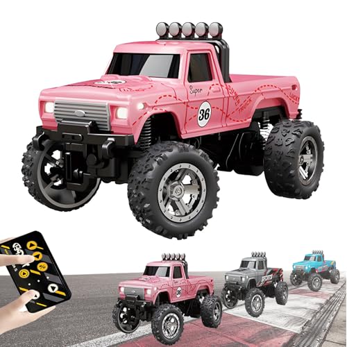 YODAOLI Mini Rc Monster Truck, Rc Semi Truck with Trailer, 1:64 Scale Monster Truck Remote Control Car with Lights, USB Rechargeable Mini Monster Trucks, Speed/Steering Adjustable (Pink) von YODAOLI