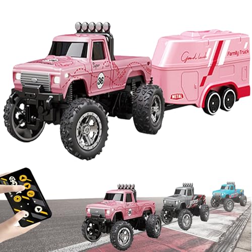 YODAOLI Mini Rc Monster Truck, Rc Semi Truck with Trailer, 1:64 Scale Monster Truck Remote Control Car with Lights, USB Rechargeable Mini Monster Trucks, Speed/Steering Adjustable (Pink+Trailer) von YODAOLI