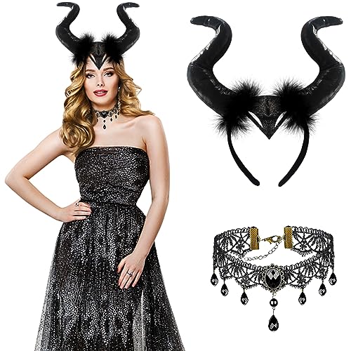 Königin Hörner Halloween Kostüm Damen: 2 Pcs Teufel haarreif Kopfschmuck mit Schwarz Gothic Spitze Halskette - Böse Fee Cosplay Kostüm Zubehör - Kinder Dämon Kostüme für Maskerade Karneval Party von YODITI