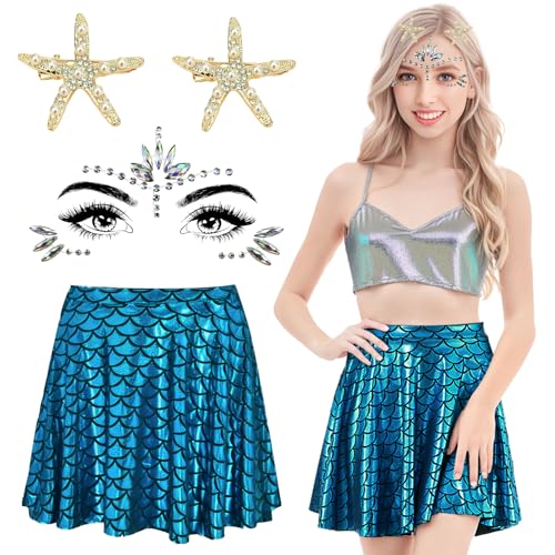 Meerjungfrau Kostüm Damen Set: Meerjungfrau Rock Damen Set mit Fischschuppen Rock Seestern Haarspange Glitzersteine Gesicht - Faschingskostüme Damen Meerjungfrau für Karneval Mottoparty Cosplay von YODITI